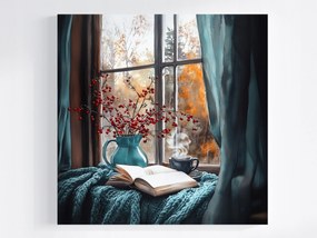 Vászonkép Canvas Ablak Ősz Takaró Könyv Tea Pihenés Kilátás 40x40