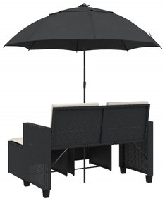 2 személyes fekete polyrattan kerti kanapé napernyővel/székkel