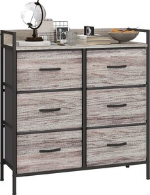 HOMCOM 6 Fiókos Textile Tárolószekrény Fa Hatással, Fa Fogantyúkkal, Acél Kerettel, Ipari Design, Szürke | Aosom