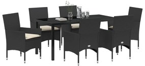 7 Darabos Kerti Étkezőszett Párnákkal Fekete Polirattan, Kerti Asztal Fekete 160x80x73 cm Edzett Üveg