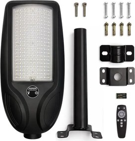 Fényerőszabályozható LED napelemes utcai lámpa érzékelővel VENICE 200W/12000 mAh IP65 fekete +távirányító
