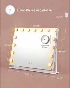 LED sminktükör világítással, 58 × 43 cm, 15 LED-del, 10× nagyítással, fehér