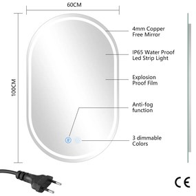 Erga Lyra, ovális LED tükör 60x100cm, 3 színű fény, első és hátsó világítás, páramentes fűtőbetét, ERG-V01-Lyra-6010-CL