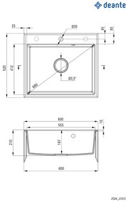 Deante Andante, gránit mosogató 600x520x210 mm + helytakarékos szifon, 1 kamrás, fekete, ZQN_N103