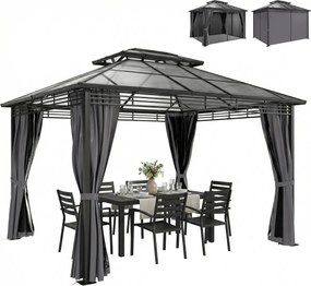 Outsunny kerti pavilon kb. 3,6 x 3 m – alumínium keménytetős pavilon 6 mm-es dupla polikarbonát tetővel, szúnyoghálóval, 4 oldalfüggönnyel, vízleperge