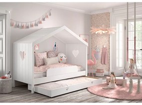 Fehér házikó alakú borovi fenyő gyerekágy kihúzható pótággyal, tárolóhellyel 90x200 cm AMORI – Vipack