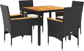 vidaXL 5részes fekete polyrattan/akácfa kerti étkezőgarnitúra párnákkal