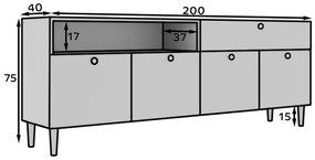 Komód szekrényekkel és fiókkal DULLUM 200x75cm, fehér