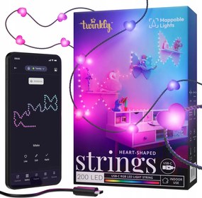 Karácsonyfa lámpák Twinkly Strings Usb-c 200 Led, szív, 12m, zöld zsinór
