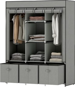 HOMCOM Textil Gardrób Ruha Akasztóval, Fiókokkal, Cipzáros Összecsukható Gardrób Hálószobába, Öltözőbe, 125 x 43 x 162,5 cm, Világosszürke | Aosom