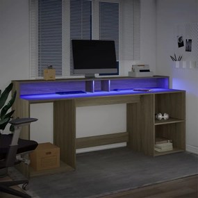 sonoma tölgy színű szerelt fa íróasztal LED-ekkel 200x55x91 cm