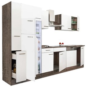 Yorki 310 konyhablokk yorki tölgy korpusz,selyemfényű fehér fronttal felülfagyasztós hűtős szekrénnyel