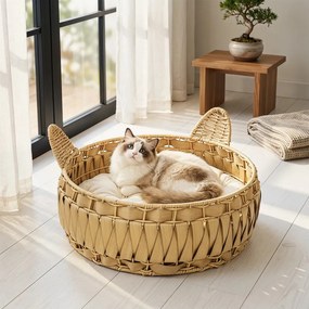 PawHut Rattan macskafekhely, macskabarlang levehető párnával, macskakosár 10 kg-ig, világosbarna