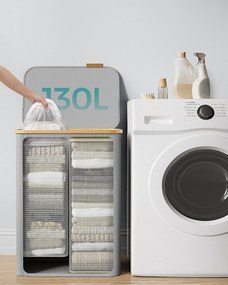 SONGMICS szennyeskosár fedéllel 130L, 2 rekeszes nagyméretű szennyes tartó, szürke