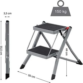 Fellépő létra, összecsukható, 2 fokos, csúszásmentes, 150 kg-ig, szürke, fekete