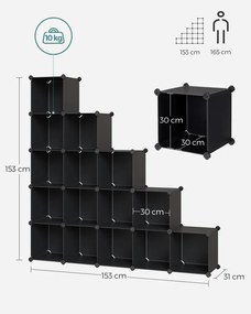 Tároló dobozok moduláris műanyag rendszerező kockák 15 db, fekete 123x31x123cm