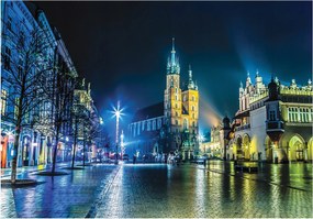 Fotótapéta Krakkó éjszaka Mária-bazilika és nedves macskakő 254x184 +ragasztó
