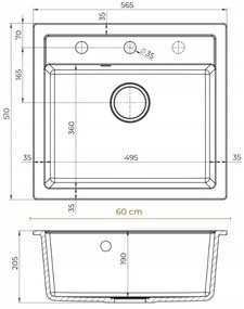 Mosogató Quality Ferrum, konyhai gránit mosogató 565x510x205 mm + szifon, fehér, SKQ-FER.W.1K60.X