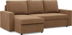 Zeus sarokkanapé, 2 ágyneműtartóval, egyenes kartámasz, szövet anyag, univerzális oldal, hab töltet, barna