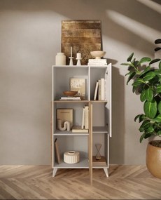 Monaco magas fiókos szekrény, fehér fényes / Cadiz tölgy 81 cm