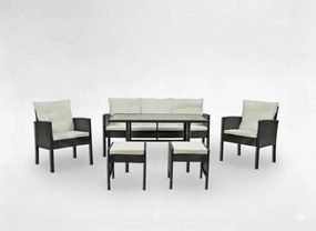 „VADUZ” RATTAN BÚTOR SZETT (KANAPÉ + 2 FOTEL + 2 PUFF + ASZTAL) FEKETE, KRÉMSZÍNŰ PÁRNÁKKAL