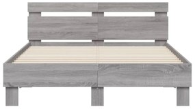 szürke sonoma színű ágykeret fejtámlával és LED-del 135x190 cm