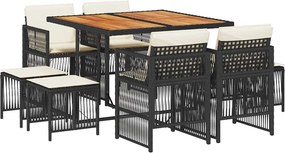 vidaXL 9 részes fekete polyrattan kerti étkezőgarnitúra párnákkal