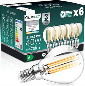 6 db E14 Led Filament Izzó A Osztály 2,2W 470LM 40W 4000K 360° Gömb