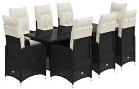 9 részes fekete polyrattan kerti bisztrógarnitúra párnákkal