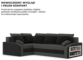 Grande sarokkanapé polcokkal , polc a jobb karfaban, baloldali, szövet anyag, bonell töltet, szürke - fekete