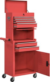 HOMCOM Workshop Trolley with Toolbox, 6 Drawers & Pegboard, Lockable, Empty Tool Cart with Handle, Steel Cabinet on Wheels, Red | Aosom
