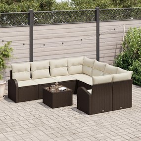 9 részes kerti kanapé szett párnákkal Barna Poly Rattan, 2 személyes kerti kanapé tárolóval &amp; párnákkal Barna Poly Rattan