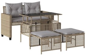 4 részes bézs polyrattan üveg kerti ülőgarnitúra párnákkal
