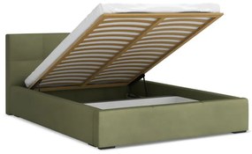 Zöld bársony kárpitozott ágyneműtartós franciaágy ágyráccsal 140x200 cm Hiko – Makamii