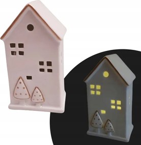 LED-es házikó fehér kerámia arany karácsonyfákkal karácsonyi dekoráció 17 cm