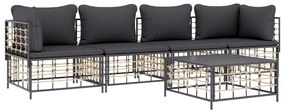 5 részes antracitszürke polyrattan kerti ülőgarnitúra párnákkal
