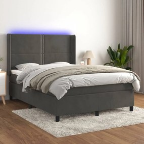 Sötétszürke bársony rugós és LED-es ágy matraccal 140x190 cm