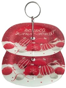 karácsonyi üveg két emeletes süteményes állvány Boldog karácsonyt felirattal