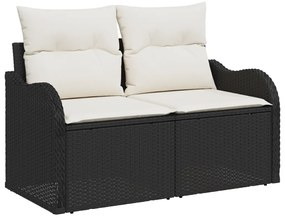 10 darabos kerti kanapé szett párnákkal fekete poli rattan akáciából, 2 személyes kerti kanapé párnákkal fekete poli rattan