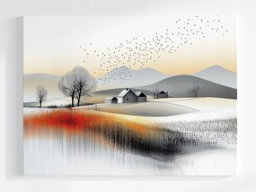 Vászonkép Canvas Tájkép Hegyek Dombok Falu Mezők Virágok Madarak 80x60