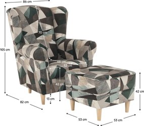 Füles fotel puffal, szövet barna-zöld minta, ASTRID