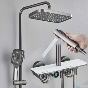 Zuhanyrendszer ELT1104 termosztáttal, digitális kijelzővel, esőztető zuhanyfejjel és több színváltozatban — Gunmetal-fehér