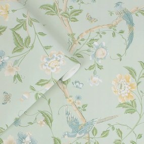 Zöld Flizelin Tapéta Növényi Mintával Virágok Gallyak