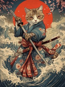 Vászonkép Canvas Japán Ázsia Szamuráj Harcos Kard Macska 75x100