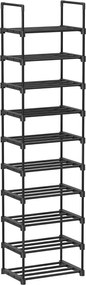 Cipőtartó, 10 szintes fém cipőtároló polc 174x45x30cm, polc magassága állítható, fekete