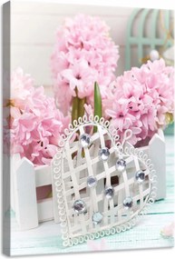 Vászonkép 50x70 Jácint rózsaszín szív kövek tavaszi virágok romantika