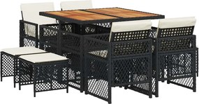 vidaXL 9 részes fekete polyrattan kerti étkezőgarnitúra párnákkal