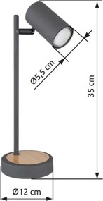 Globo 57910TG Asztali lámpa fém grafit, fém fa megjelenés, fém grafit, ø: 120mm, M: 350mm, kábelhossz 1500mm, fényforrás nélkül szállítva 1x GU10 LED 5W 230V