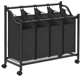 Szennyeskosár görgőkkel 4 x 35L, 4 kivehető táskával, fekete