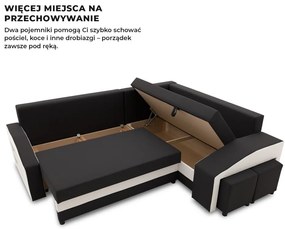 Grande sarokkanapé polcokkal és puffokkal , polc a bal karfaban puffok a jobb karfaban, jobboldali, szövet anyag, hab töltet, fekete - fehér